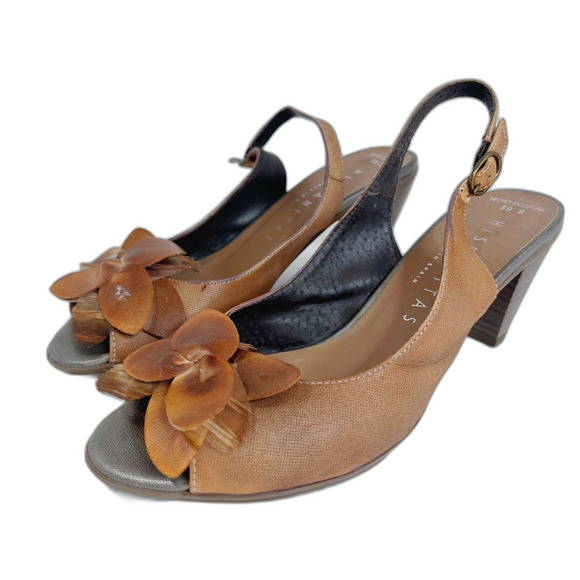 Hispanitas Tan Leather Strappy Slingback Heels Flower Detail Women's Size 8 US - Picture 1 of 8